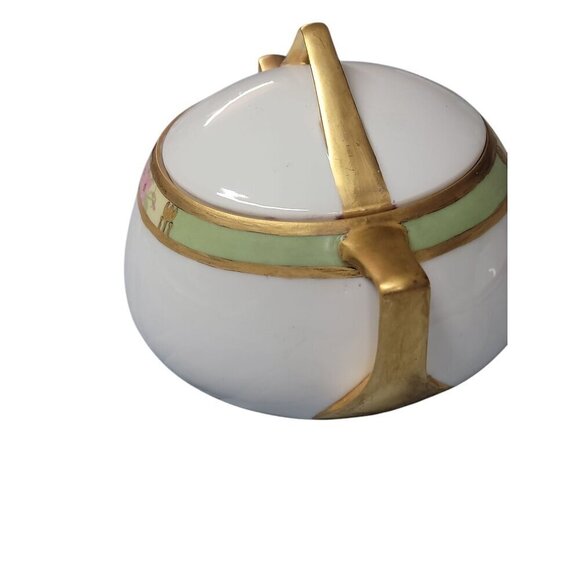 Q&EG Royal Austria Large Lidded Bowl Gold Trim Green Floral 4"T Double Handled - Picture 4 of 14